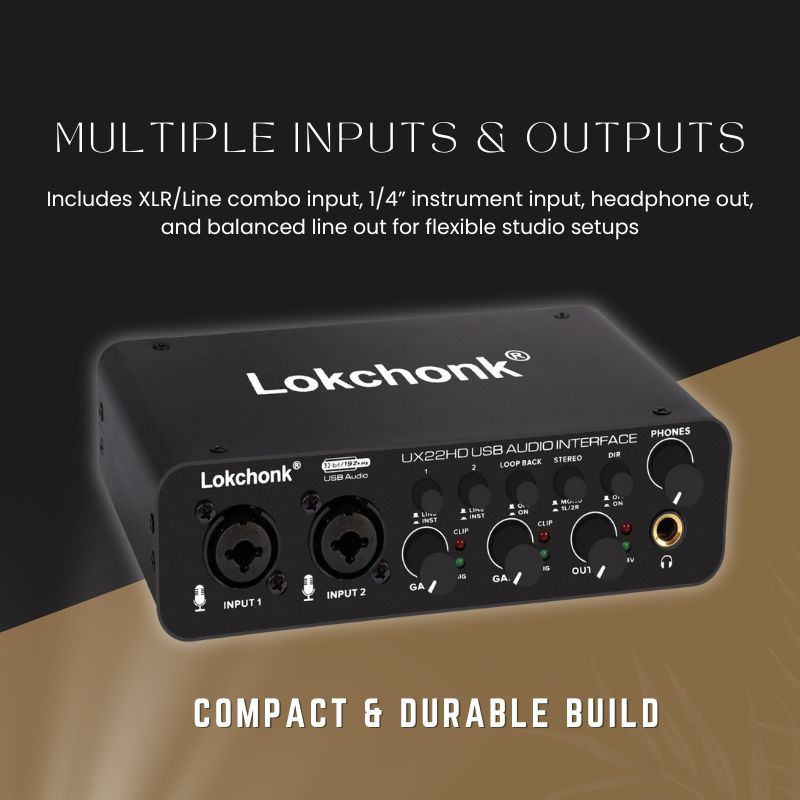 Lokchonk UX22 Audio Interface Sound - USB Recording Interface for Guitar, Mic & PC