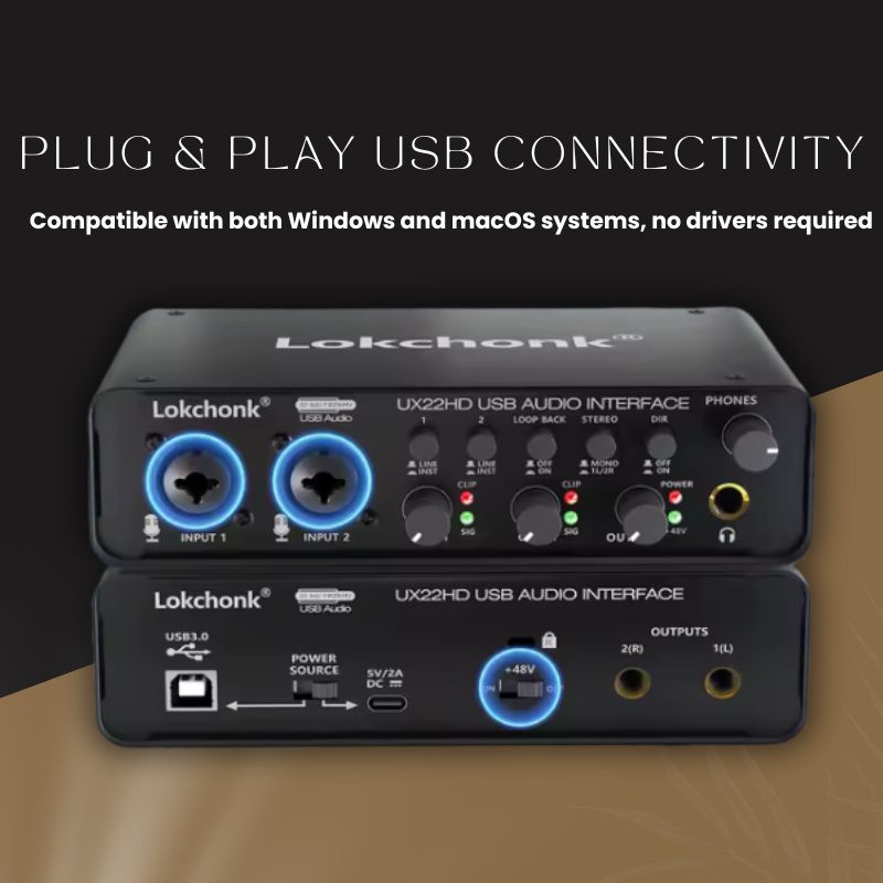 Lokchonk UX22 Audio Interface Sound - USB Recording Interface for Guitar, Mic & PC