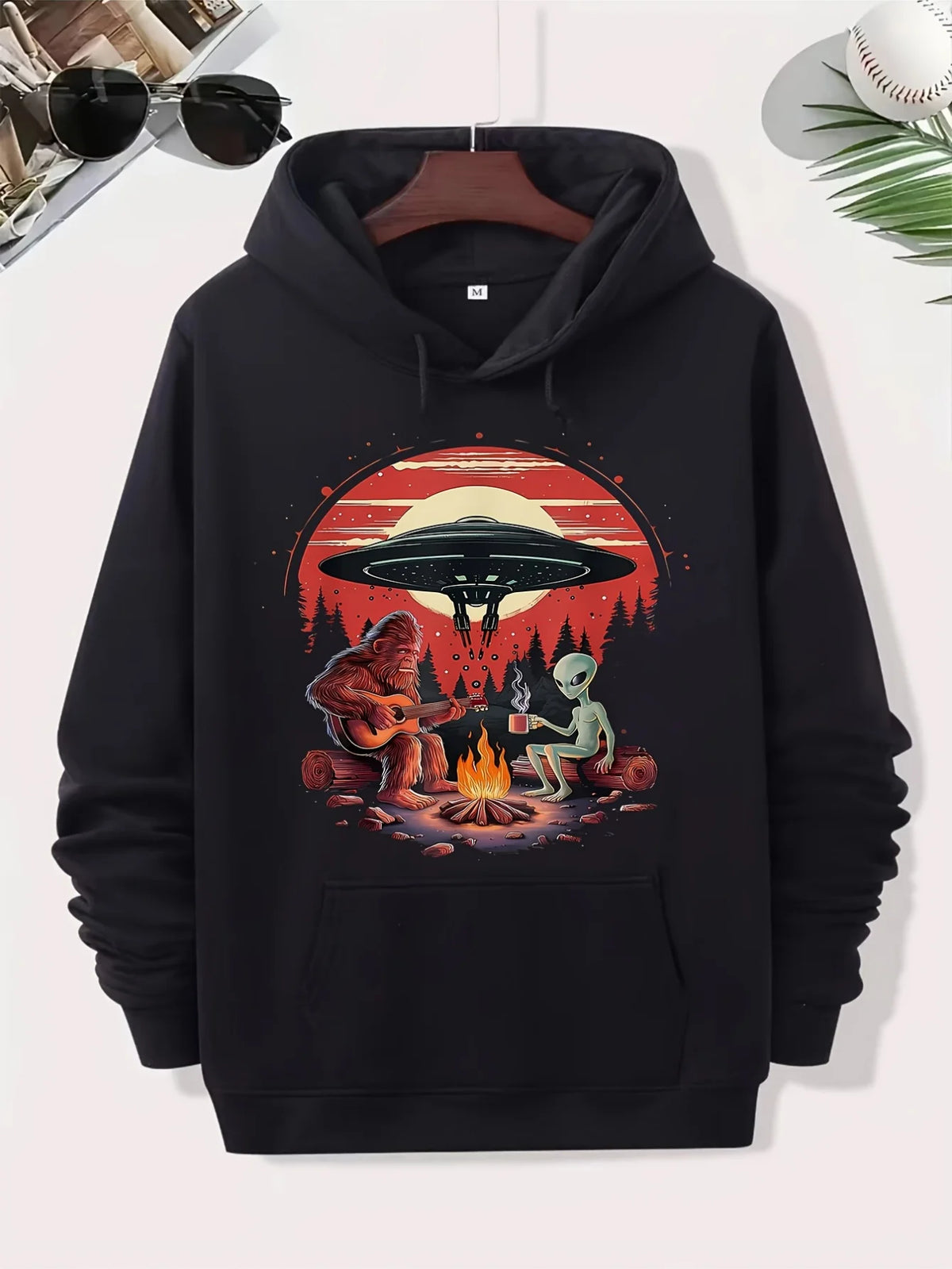 Bigfoot & Alien Campfire UFO Graphic Hoodie