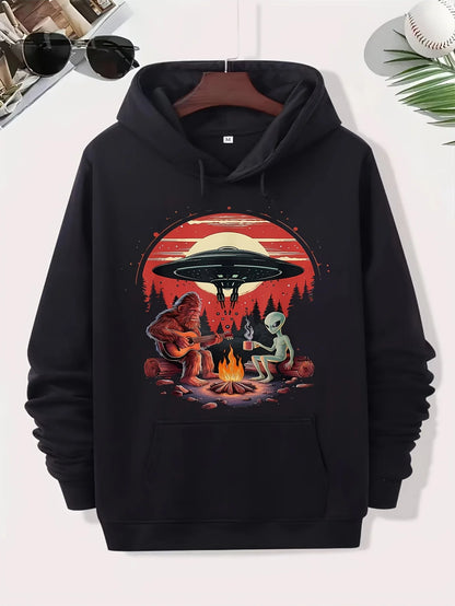 Bigfoot & Alien Campfire UFO Graphic Hoodie