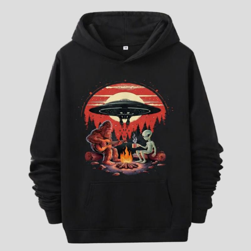Bigfoot & Alien Campfire UFO Graphic Hoodie