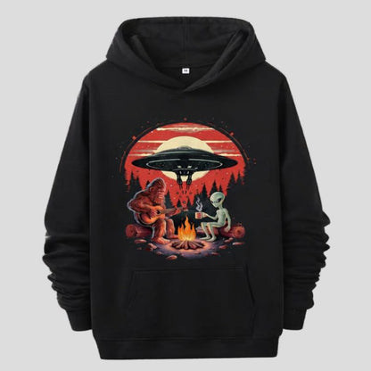 Bigfoot & Alien Campfire UFO Graphic Hoodie