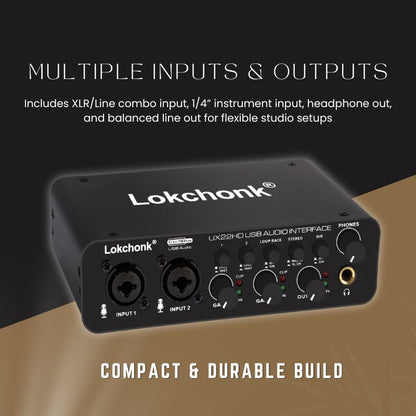 Lokchonk UX22 Audio Interface Sound - USB Recording Interface for Guitar, Mic & PC